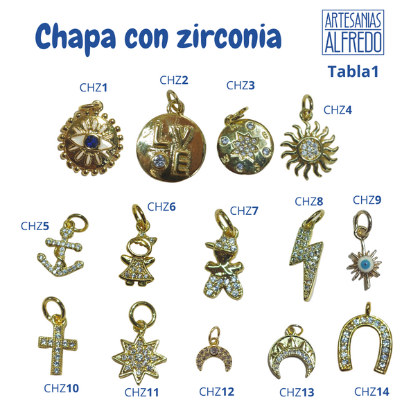 Dijes Chapa con Zirconia - Cruz, luna, niño, niña, amor y sol