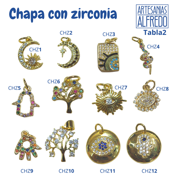 Dijes Chapa con Zirconia - Árbol, serpiente, luna y mano