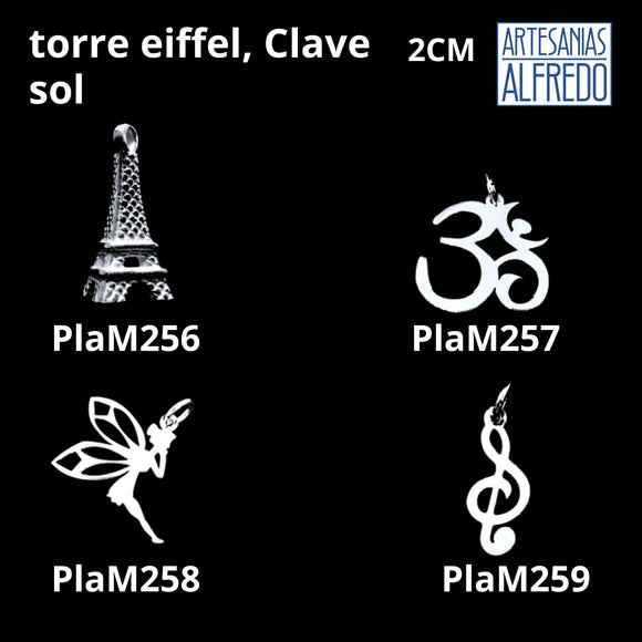 Dije Torre Eiffel, clave sol, hada, campanita plata .925