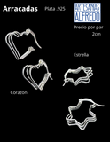 arracadas de plata .925 en forma de estrella y corazón