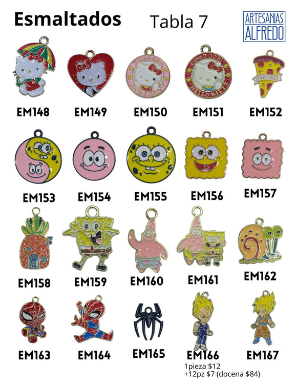 Dijes Esmaltados Hello Kitty, Bob Esponja, Spiderman Tabla 7